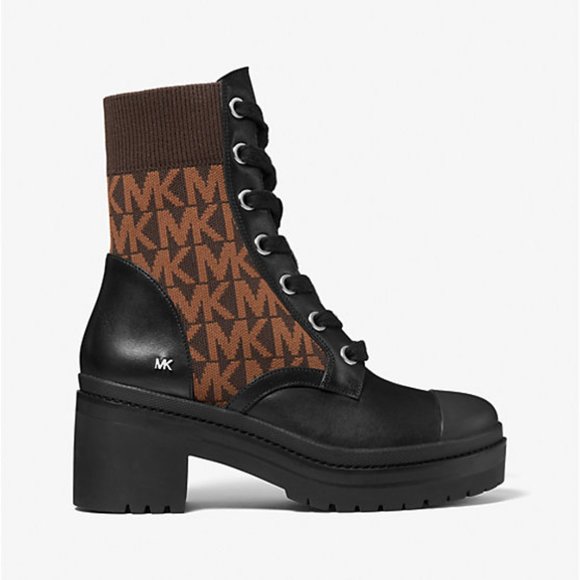MICHAEL MICHAEL KORS Brea Leather and Logo Jacquard Combat Boot - Picture 2 of 3